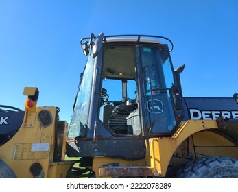 Liverpool, NS, CAN, October 28, 2022 - A Closeup Look At The Cab Of A Bulldozer Through The Open Door.