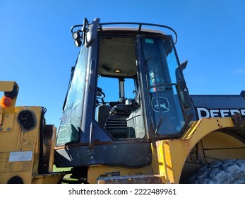 Liverpool, NS, CAN, October 28, 2022 - A Closeup Look At The Cab Of A Bulldozer Through The Open Door.