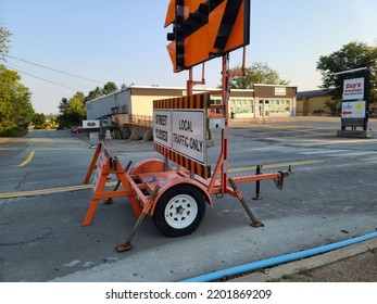 Liverpool, NS, CAN, September 4, 2022 - A Large Sign Setup On A Road To Prevent Traffic From Entering A Construction Area.