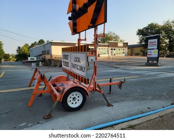 Liverpool, NS, CAN, September 4, 2022 - A Large Sign Setup On A Road To Prevent Traffic From Entering A Construction Area.