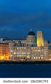 Liverpool skyline cityscape at night with buildings in England in United Kingdom