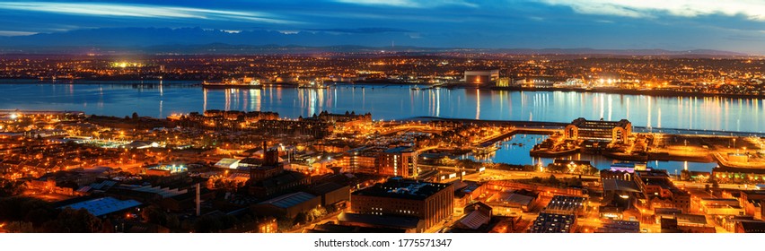 Liverpool skyline rooftop view  at night with buildings in England in United Kingdom