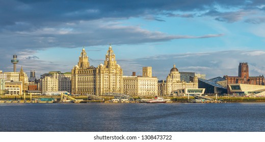 Liverpool Skyline St Johns Tower  Cathedral.. The Three Graces the Royal Liver Building. The Cunard Building.  former offices of the Mersey Docks and Harbour Board.  River Mersey.