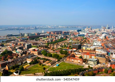 Liverpool, UK. Aerial view of Liverpool, UK residential area and downtown with river during the sunny day