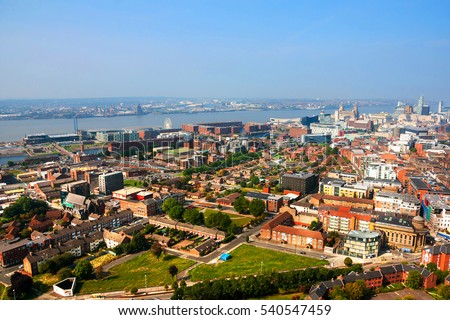 Liverpool, UK. Aerial view of Liverpool, UK residential area and downtown with river during the sunny day