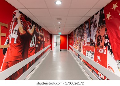 LIVERPOOL, UK - APR 10, 2019 - Walk way inside Anfield stadium of Liverpool's football club