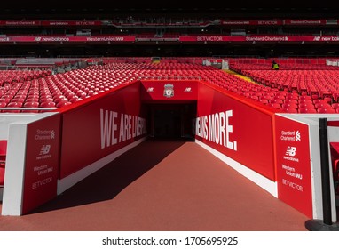 LIVERPOOL, UK - APR 10, 2019 - Entrance of Anfield stadium with empty red chair at Liverpool's football club