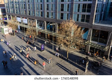 Liverpool / UK -  January 4 2020: Overhead View Of Shoppers Casting Long Shadows On Paradise Street, City Centre Shopping Area, Liverpool.