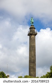LIVERPOOL, UK - JULY 14 : Statue of the Duke of Wellington on a column outside St Georges Hall in Liverpool, England UK on July 14, 2021
