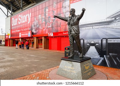 Liverpool, UK - March 6, 2018 : The statue of Bill Shankly, in front of Anfiled Stadium, the Home ground of Liverpool football club.