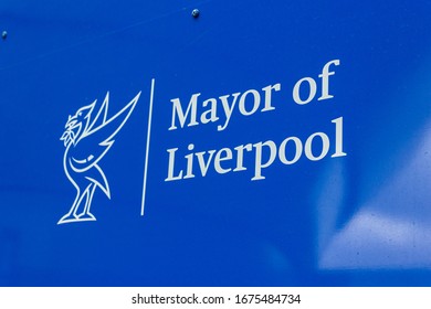 Liverpool / UK - March 8 2020: Mayor Of Liverpool And Liver Bird Graphics, King's Dock Construction Site Hoarding, Liverpool