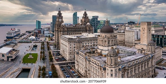 Liverpool, UK. May 10, 2021. Aerial view of the Liverpool skyline including the Roman Catholic Cathedral church and the Mersey