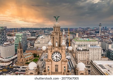 Liverpool, UK. May 10, 2021. Aerial close up of the tower of the Royal Liver Building in Liverpool, UK during beautiful sunset.