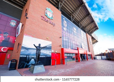 LIVERPOOL, UK - MAY 17 2018: Statue of Bill Shankly in front of Anfield. He's the manager who brings Liverpool to 1st division in 1962 and rebuilt the team into fame in English and European football