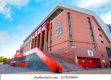 LIVERPOOL, UK - MAY 17 2018: Anfield stadium, the home ground of Liverpool FC which has a seating capacity of 54,074 making it the sixth largest football stadium in England