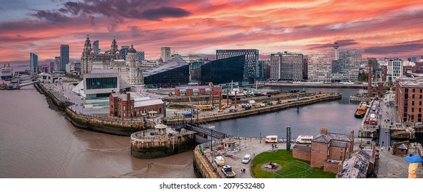 Liverpool, UK. October 03, 2021. Edmund Gardner ship in dry dock in Liverpool, England. Aerial view of Liverpool.