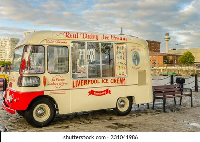 Liverpool, UK - October 1, 2014: Vintage ice cream van at Albert Dock. The Albert Dock is a major tourist attraction in the city and the most visited multi-use attraction in the UK, outside of London.