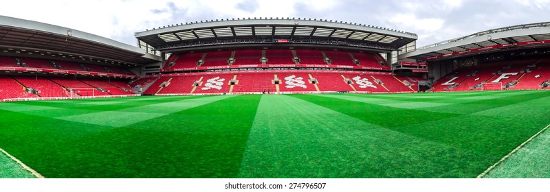 LIVERPOOL, UNITED KINGDOM - APRIL 13, 2015: Panorama of Anfield stadium, Liverpool, UK. it is the seventh largest football stadium in England and has been the home of Liverpool F.C. since 1892.