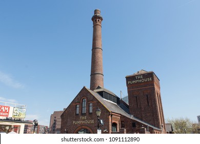 Liverpool, United Kingdom in April of 2018: The ancient Pumphouse building down by the docks of the Mersey river in the city of Liverpool.