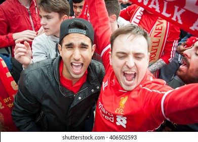 Liverpool, United Kingdom - MAY 11th 2014: Liverpool Football Club supporters outside Anfield for the final title race match of the season against Newcastle