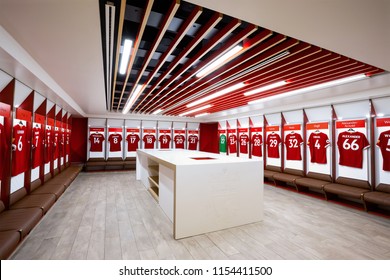 LIVERPOOL, UNITED KINGDOM - MAY 17 2018: Player's jerseys hung in fornt of lockers in the changing room at Anfield stadium