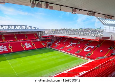 LIVERPOOL, UNITED KINGDOM - MAY 17 2018: Anfield stadium, the home ground of Liverpool FC which has a seating capacity of 54,074 making it the sixth largest football stadium in England