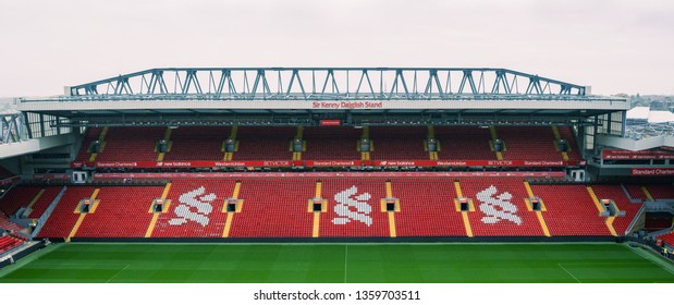 LIVERPOOL, UNITED KINGDOM - October 16, 2018: Seat rows in Anfield stadium in Liverpool UK. the most popular football Stadium in England and has been the home of Liverpool F.C. since 1892
