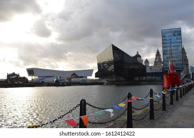 Liverpool waterfront - modern architecture at a harbour and a ship in England