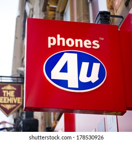 LIVERPOOL-DEC 18: Phoones 4u Store Sign on Dec. 18, 2012 in Liverpool, UK. Phones 4u is a large independent mobile phone retailer in the UK.  It has over 600 stores throughout the United Kingdom.