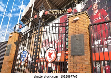 LIVERPOOL,ENGLAND - UK - DEC 7, 2017  : Red bird logo on the gate of Liverpool Football Club at Anfield Stadium in Mercy side, Liverpool UK. You'll never walk alone is slogan of the club.The KOP