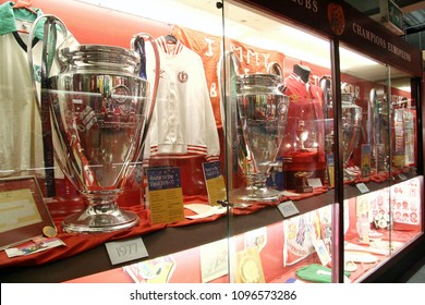 LIVERPOOL,ENGLAND - UK - FEB 21, 2008 : Close up of History UEFA Champions League Cup. Trophy award by UEFA to UEFA Champions League winner at the Museum of Liverpool Football club.Anfield,Liverpool. 