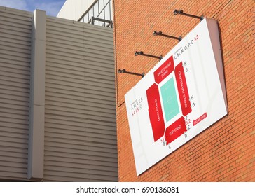 LIVERPOOL,ENGLAND, UNITED KINGDOM : August 13, 2016. Anfield Seating Plan, On The Red Brick Wall In Liverpool Football Club Stadium. Liverpool, England, United Kingdom.