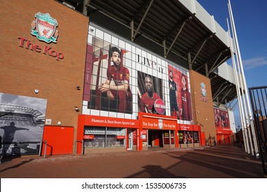 Liverpool,Merseyside/England,UK - September 11 2019 : The Kop Is The Famous Stand At Anfield, Liverpool Football Club's Stadium. It Houses The Kop Bar, Museum And Boot Room And A Sports Cafe.