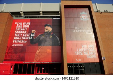 LIVERPOOL,UK-26 AUGUST 2019: Big billboard on the building of Sir Kenny Dalglish Stand in Afield stadium Liverpool Football Club. It is a professional football club in Liverpool, England, UK