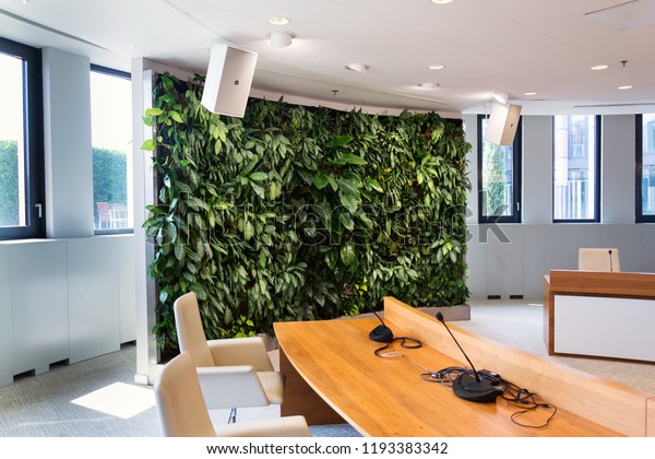 Living green wall, vertical garden indoors with\
flowers and plants under artificial lighting in meeting boardroom,\
modern office building