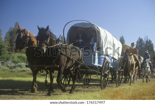 Living History participants in wagon train near\
Sacramento, CA