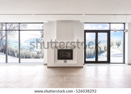 living modern room with panoramic windows and a white fireplace