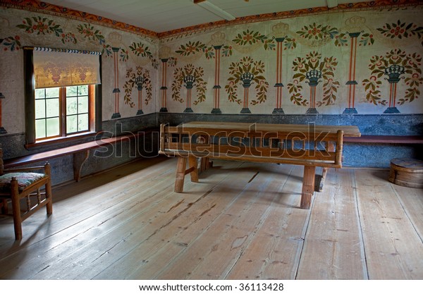 Living Room 1800s Painted Wallpaper Skansen Stock Photo