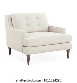 Living Room Chair Isolated On White. Side View Of Cream Modern Armchair With Upholstered Armrests Seat Button Tufted Back Cushion & Wooden Legs. Interior Furniture Accent Arm Chair