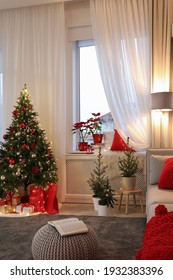 Living Room With Christmas Decorations. Festive Interior Design