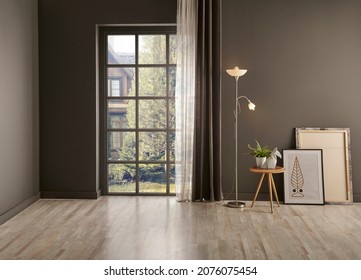 Living room corner grey wall background, windows garden view, lamp, vase of plant, chair and frame style. - Shutterstock ID 2076075454