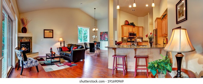 Living Room With Dining Area And Kitchen. Panoramic View Of Open Floor Plan