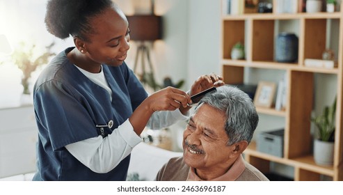 Living room, elderly man and nurse with comb for hair care, grooming or support in nursing home. Senior person, medical professional and discussion with helping for wellness, hairstyle and retirement - Powered by Shutterstock