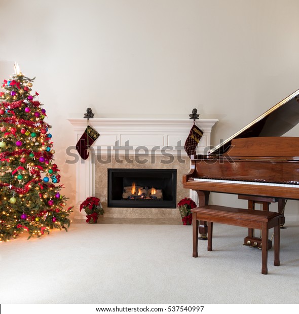 Living Room Glowing Fireplace Grand Piano Stock Photo Edit Now