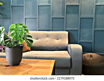 Living Room Green Blue Turquoise Theme With Modern Interior Feature Wall Design Sofa Bean Bag Monstera Wooden Coffee Table Industrial 