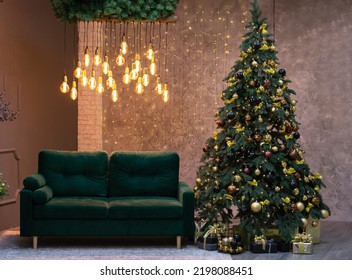 Living Room Green Sofa With Decorated Balls Brown And Gold Balls On Pine Tree Branches. Decor For Winter Holidays. Christmas Tree Decorating In Home Garland And Gifts. Christmas Tree Fair. No People