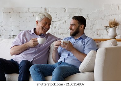 In living room happy senior dad and young adult son relax on couch drink coffee enjoy conversation, spend weekend together at home. Older younger gen relatives friendly relations, family ties concept - Powered by Shutterstock