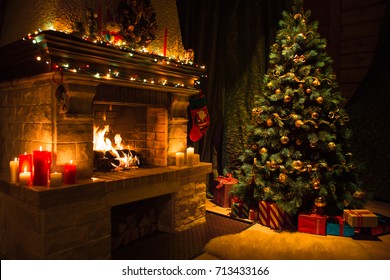 Living room home interior with decorated fireplace and christmas tree