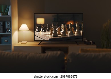 Living room interior and chess game on a widescreen television