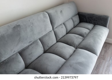 Living Room Interior With Closeup Of Futon Couch Gray Sofa With Microfiber Velvet Fabric In Modern Apartment Home House